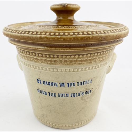 11 - KIRKCALDY BUTTER CROCK. 6.5ins to top of lid knob. Tan top, wheeled decoration, two side handles. Bl... 