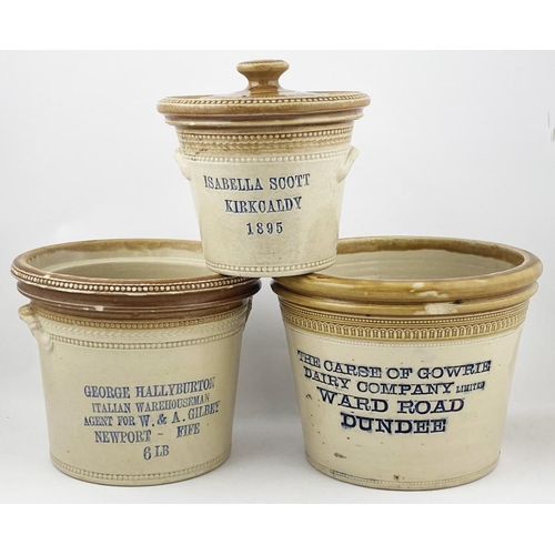 11 - KIRKCALDY BUTTER CROCK. 6.5ins to top of lid knob. Tan top, wheeled decoration, two side handles. Bl... 