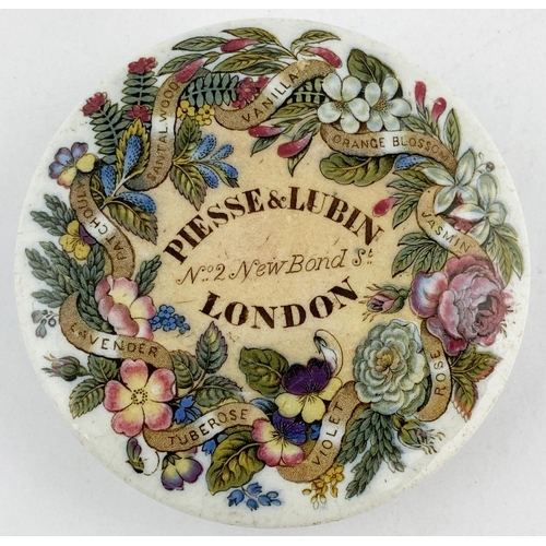 8 - LONDON PIESSE & LUBIN POT LID. (APL, p366, 44) 3ins diam. Multicoloured lid featuring flowers, ingre... 