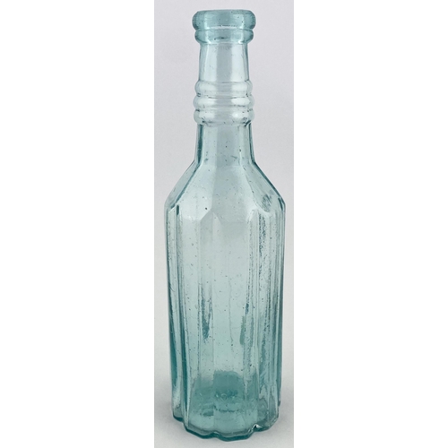 27 - PEPPER SAUCE BOTTLE. 8.7ins tall, bluey aqua glass. Straight sided, eight raised curved side panels ... 