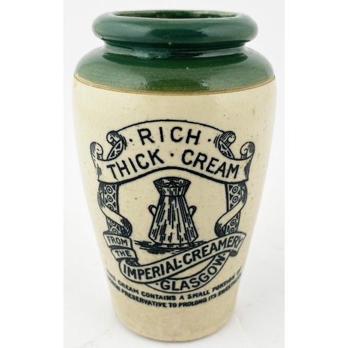 32 - GLASGOW THICK CREAM POT. 4.5ins tall. Green top, black transfer RICH/ THICK/ CREAM/ IMPERIAL CREAMER... 