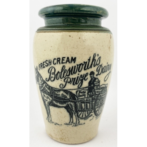 33 - BOLESWORTHS FRESH CREAM POT. 4ins tall. Dark green top, strong black transfer. FRESH CREAM/ BOLESWOR... 