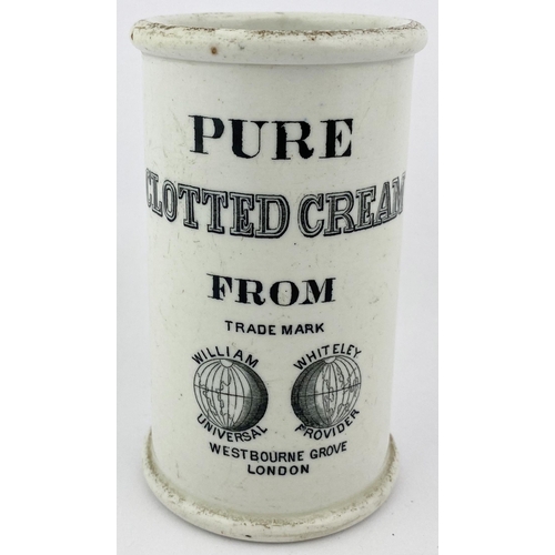 36 - LONDON CYLINDER CREAM POT. 4.75ins tall, heavy stoneware. Strong black transfer. PURE/ CLOTTED CREAM... 