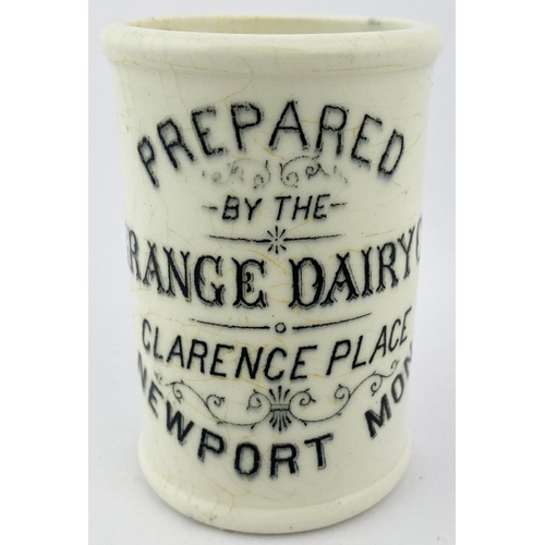 37 - NEWPORT MON CYLINDER CREAM POT. 3.25ins tall. Black transfer PREPARED/ BY THE/ GRANGE DAIRY CO/ CLAR... 