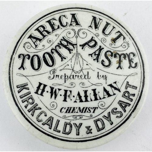 48 - KIRKCALDY & DYSART ARECA NUT POT LID. 2.5ins diam. Black transfer ARECA NUT/ TOOTH PASTE/ H.W.F.ALLA... 