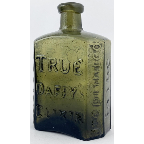 81 - DAFFYS ELIXIR BOTTLE. 4.75ins tall. Dark green glass, familiar rectangular shape, crude rolled lip, ... 