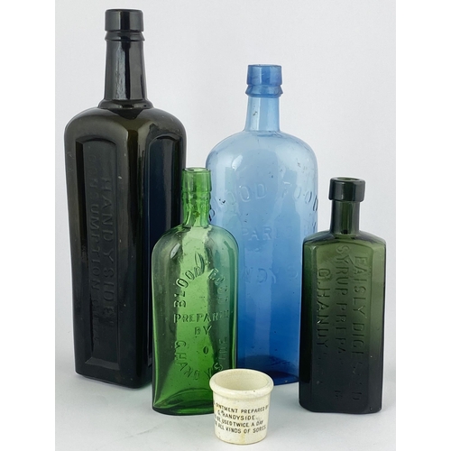 86 - HANDYSIDES CONSUMPTION CURE BOTTLE. 11.75ins tall. Very dark black glass. Three indented panels one ... 