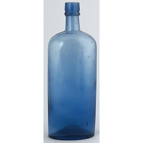 87 - G. HANDYSIDES BLOOD FOOD BOTTLE. 10ins tall. Ice blue glass. Long neck, sloping shoulders, embosse B... 