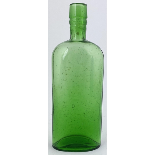 88 - G. HANDYSIDES BLOOD FOOD BOTTLE. 7.25ins tall. Very bright mid green glass. Long neck, sloping shoul... 