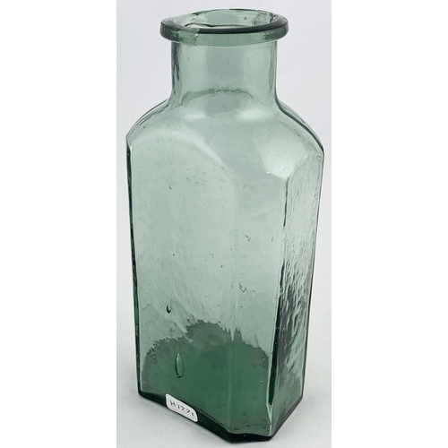 88A - LONDON MUSTARD BOTTLE. 7ins tall. Light bluey green aqua glass, rectangular body with smaller facett... 