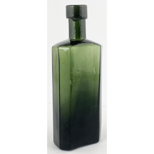 89 - G. HANDYSIDES SYRUP BOTTLE. 7ins tall. Dark olive green glass, long neck, rectangular body with cham... 