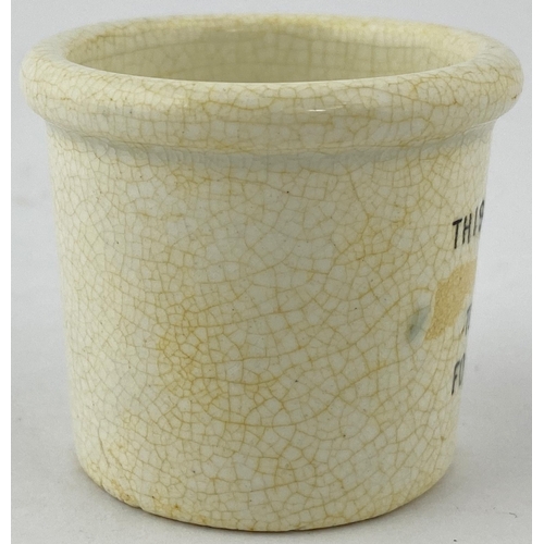 90 - HANDYSIDES OINTMENT POT. 1.7ins tall, thick walled pot with thick top rim. Four lines of writing. Ov... 