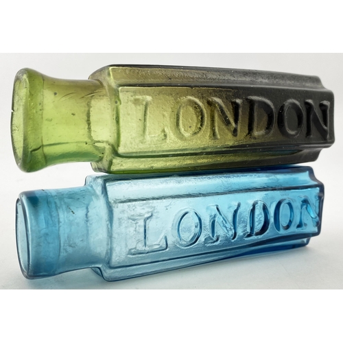 91 - LONDON MUSTARD BOTTLE. 5.25ins tall. Light turquoise/ blue glass, square bodied, curved inward facet... 