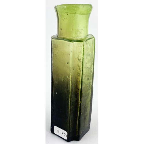 92 - LONDON MUSTARD BOTTLE. 5.25ins tall. Olive green glass gradating to almost black toward the base, sq... 