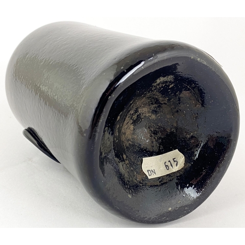 98 - EXETER/ NORTH DEVON (?) SEALED CYLINDER WINE BOTTLE. 10.7ins tall. Heavy black glass cylinder, long ... 