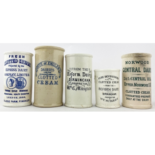 113 - FINCHLEY CYLINDER CREAM POT. 4.75ins tall. Blue transfer FRESH/ CLOTTED CREAM/ EXPRESS DAIRY/ LONDON... 