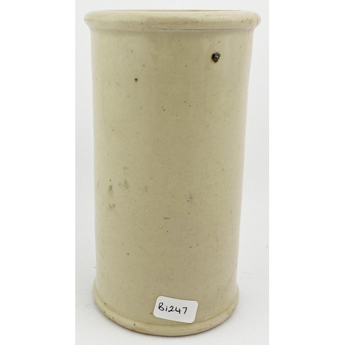 114 - SOUTH OF ENGLAND CYLINDER CREAM POT. 5.25ins tall. Off white stoneware body glaze. Crisp blue transf... 