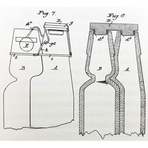 118 - SCHONS TWIN BOTTLE PATENT. 7.25ins tall. Two aqua glass mineral type bottles wired together one a Ni... 