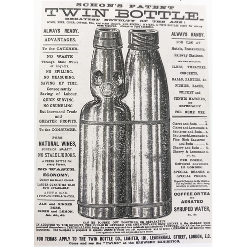 118 - SCHONS TWIN BOTTLE PATENT. 7.25ins tall. Two aqua glass mineral type bottles wired together one a Ni... 