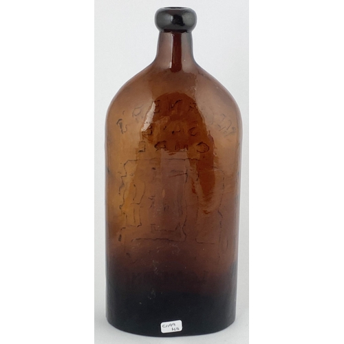 119 - WARNERS SAFE CURE BOTTLE. 10.75ins tall. Two pint, deep red/ brown glass. Sloping shoulders, short n... 