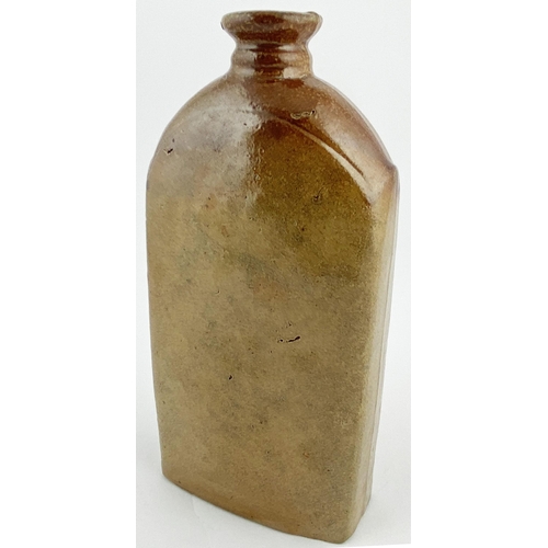 123 - WALWORTH SPIRIT FLASK. 8ins tall. C. 1830-40 period, variating tan salt glaze, distinctly darker at ... 