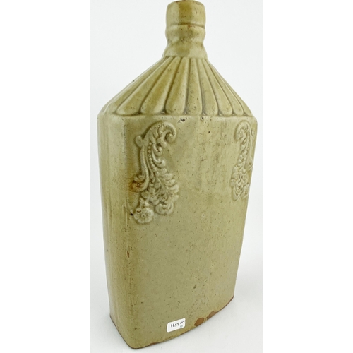 124 - CHESTERFIELD SLAB SEAL FLASK. 10.5ins tall. Grey/ green slip glaze. Flattened rectangular shape flas... 