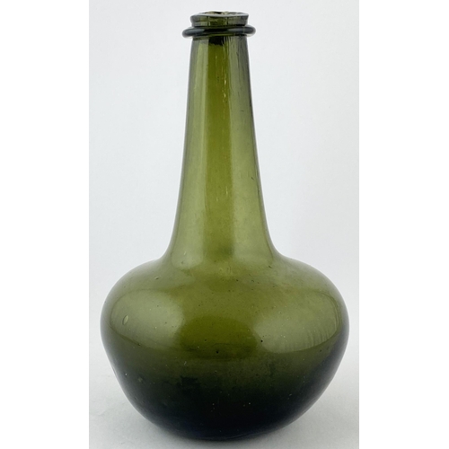 137 - ENGLISH SHAFT & GLOBE BOTTLE. 9ins tall. Mid green glass, flared rounded string rim - delightful, co... 