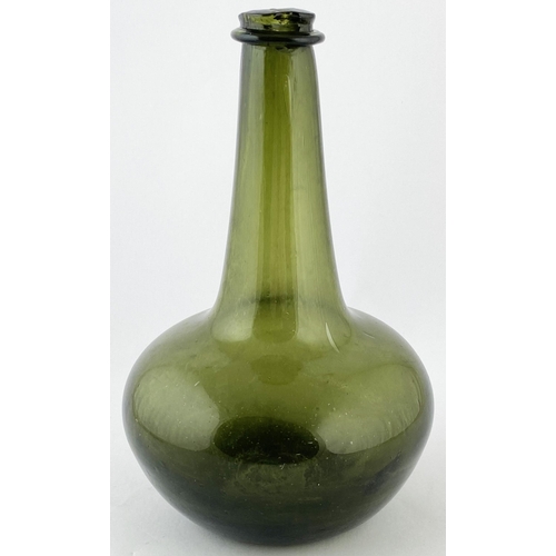 137 - ENGLISH SHAFT & GLOBE BOTTLE. 9ins tall. Mid green glass, flared rounded string rim - delightful, co... 