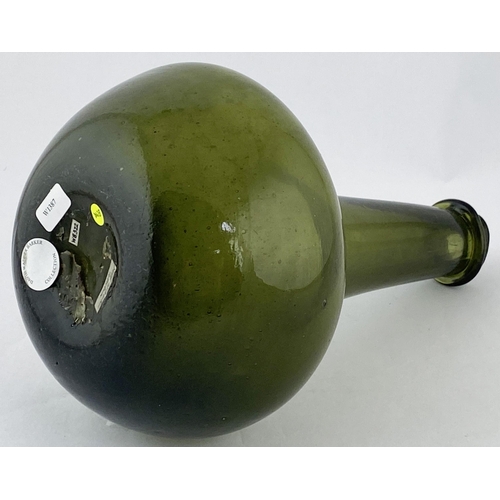 137 - ENGLISH SHAFT & GLOBE BOTTLE. 9ins tall. Mid green glass, flared rounded string rim - delightful, co... 