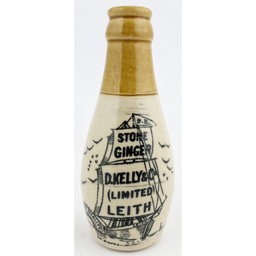 141 - LEITH GINGER BEER BOTTLE. 5.5ins tall, skittle shaped, t.t., black transfer, D. KELLY & CO. Large sh... 