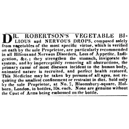 142 - DR W ROBERTSONS/ VEGETABLE/ BILIOUS/ ANTI SCORBUTIC/ AND GOUT/ DROPS EARLY MEDICINE BOTTLE. 9.4ins t... 