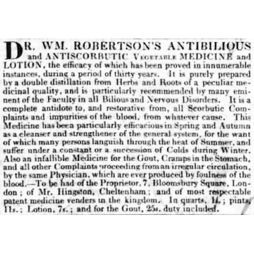 142 - DR W ROBERTSONS/ VEGETABLE/ BILIOUS/ ANTI SCORBUTIC/ AND GOUT/ DROPS EARLY MEDICINE BOTTLE. 9.4ins t... 