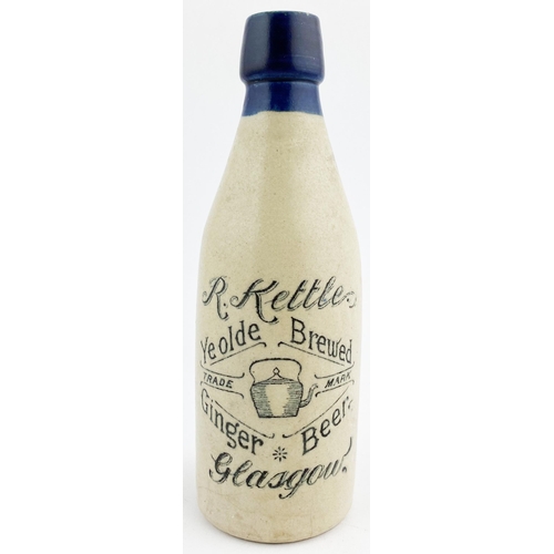 143 - GLASGOW R KETTLE GINGER BEER BOTTLE. 8.5ins tall, ch, dark blue lip, all white, black transfer, R. K... 