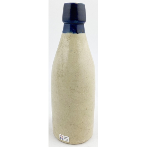 143 - GLASGOW R KETTLE GINGER BEER BOTTLE. 8.5ins tall, ch, dark blue lip, all white, black transfer, R. K... 