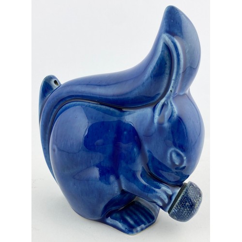 23 - DENBY VELRAY CHILDS FIGURAL SQUIRREL HOT WATER BOTTLE. 7.5ins tall. Blue glaze. 1930s, Velray to bas... 