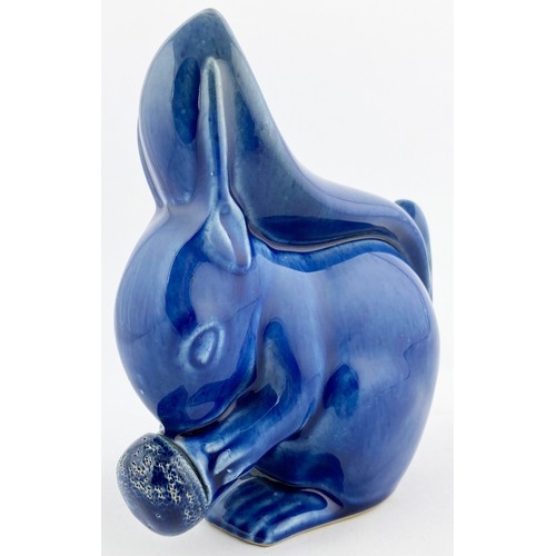 23 - DENBY VELRAY CHILDS FIGURAL SQUIRREL HOT WATER BOTTLE. 7.5ins tall. Blue glaze. 1930s, Velray to bas... 