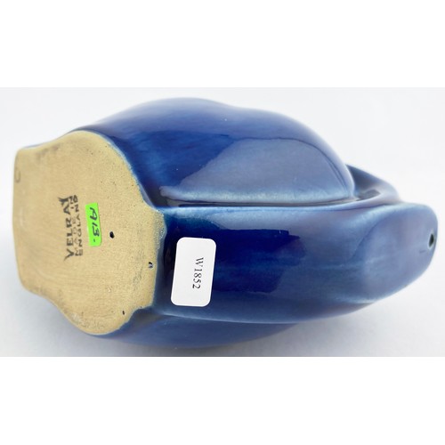 23 - DENBY VELRAY CHILDS FIGURAL SQUIRREL HOT WATER BOTTLE. 7.5ins tall. Blue glaze. 1930s, Velray to bas... 