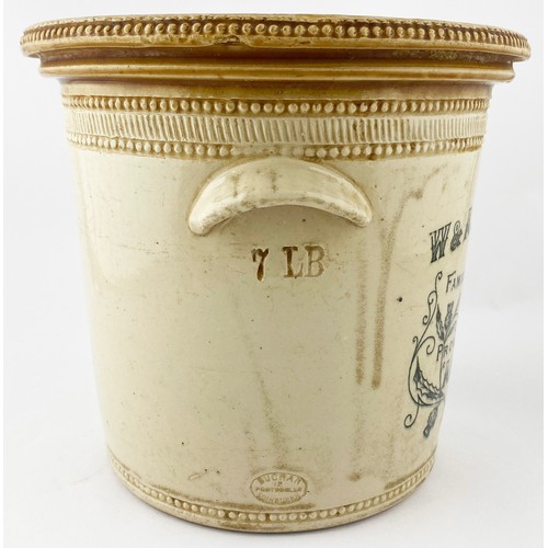 15 - ABERFELDY BUTTER CROCK. 8ins tall. Tan rim,wheeled decoration to bottom & top edge, two side handles... 