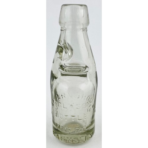 133 - SALESMANS SAMPLE REDFEARN BROTHERS MINIATURE CODD BOTTLE. 4ins tall. Clear glass. Very heavily embos... 