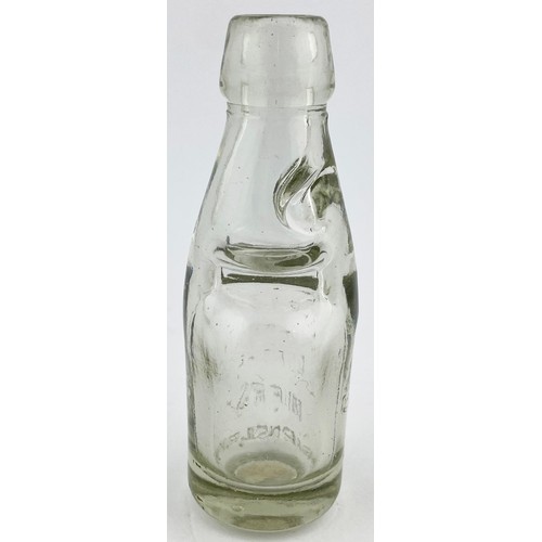 133 - SALESMANS SAMPLE REDFEARN BROTHERS MINIATURE CODD BOTTLE. 4ins tall. Clear glass. Very heavily embos... 