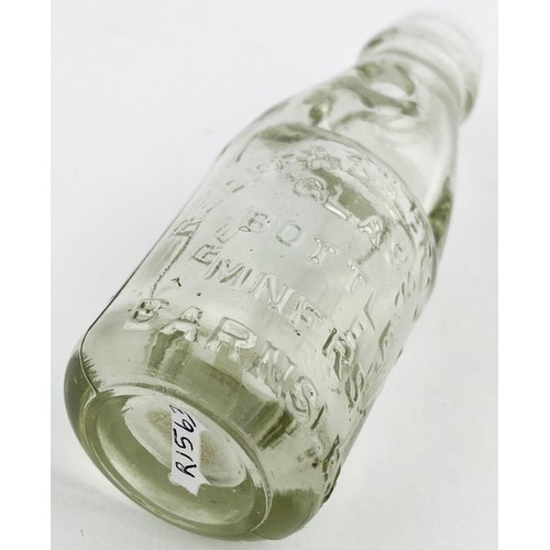 133 - SALESMANS SAMPLE REDFEARN BROTHERS MINIATURE CODD BOTTLE. 4ins tall. Clear glass. Very heavily embos... 