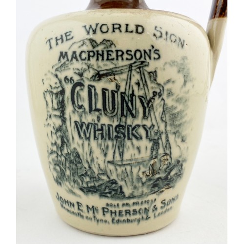 56 - MACPHERSONS WHISKY JUG. WG p128, B394. 7ins tall. Dark brown neck, black transfer,side handle. THE W... 