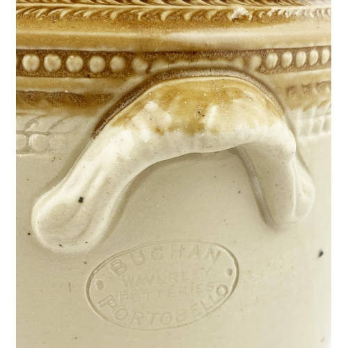 72 - TAYPORT JAS LAING BUTTER CROCK. 7.5ins tall, t.t., much wheeled decoration all over, two side handle... 