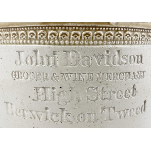 76 - BERWICK ON TWEED BUTTER CROCK. 8.2ins tall, t.t. Straight sided shape with much wheeled decoration t... 