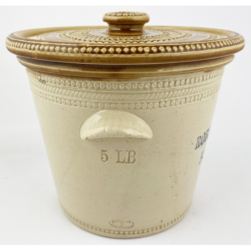 77 - BUCKHAVEN BUTTER CROCK. 7.3ins tall, t.t., with lid. Slightly inward tapering form, two side handles... 