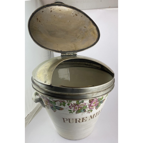 78 - PURE MILK SHOP COUNTER DISPENSING PAIL. 18ins tall, 18ins diam, original hinged metal domed covering... 