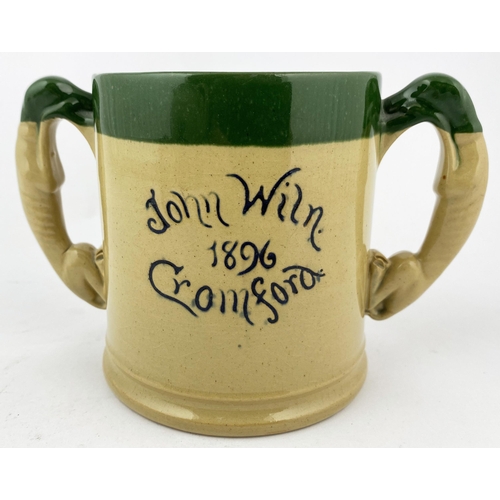 85 - DENBY JOHN WILN CROMFORD DATED FROG MUG. 4.3ins tall. Double handled, greyhound handles, top section... 