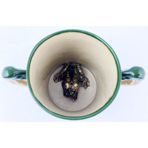 85 - DENBY JOHN WILN CROMFORD DATED FROG MUG. 4.3ins tall. Double handled, greyhound handles, top section... 