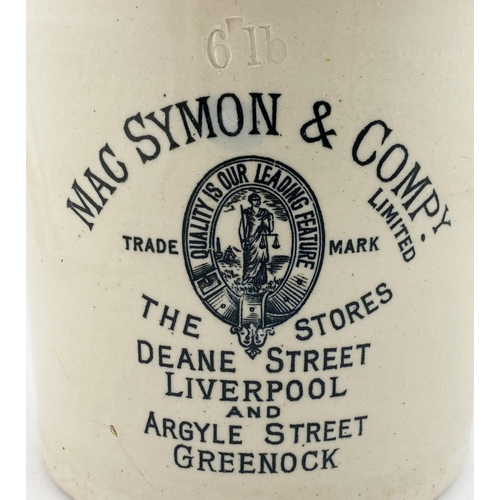 73 - LIVERPOOL & GREENOCK MAC SYMON BUTTER CROCK. 8 ins tall, t.t., Very sharp/ crisp pict. front transfe... 