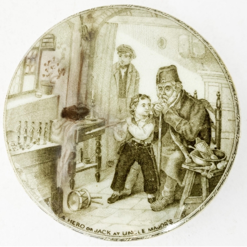 102 - A HERO OR JACK AT UNCLE MAJOR�S POT LID. 2.75ins diam. Black & white pictorial lid. Seated old gent ... 